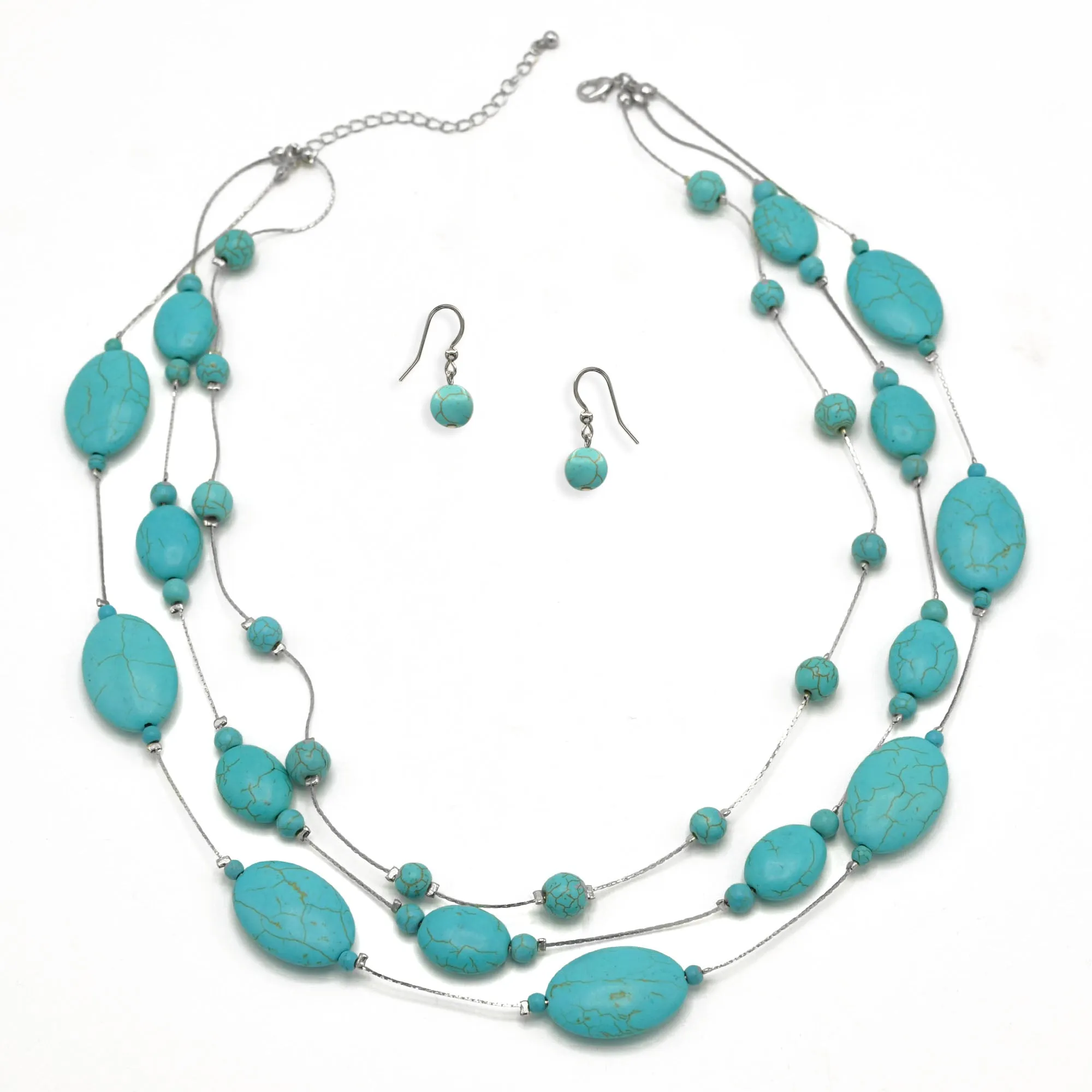 Rhodium Tone Metal Oval and Round Turquoise Beads Layer Necklace and Earrings Set#HNN E77890(DF6-7)
