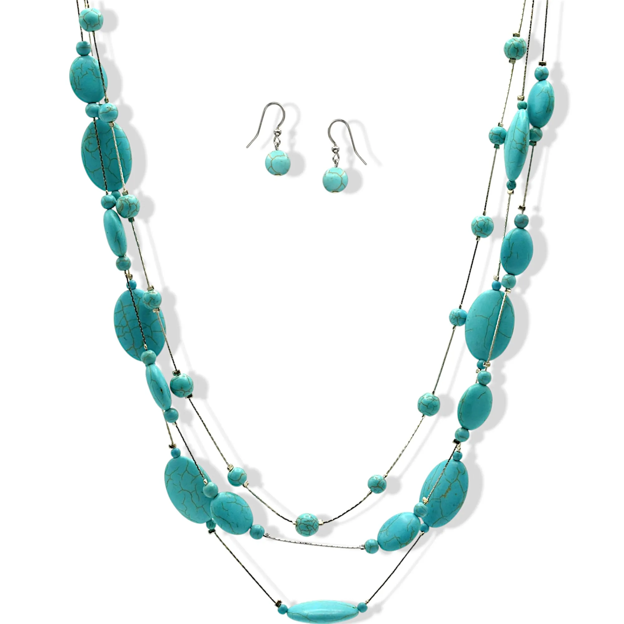 Rhodium Tone Metal Oval and Round Turquoise Beads Layer Necklace and Earrings Set#HNN E77890(DF6-7)
