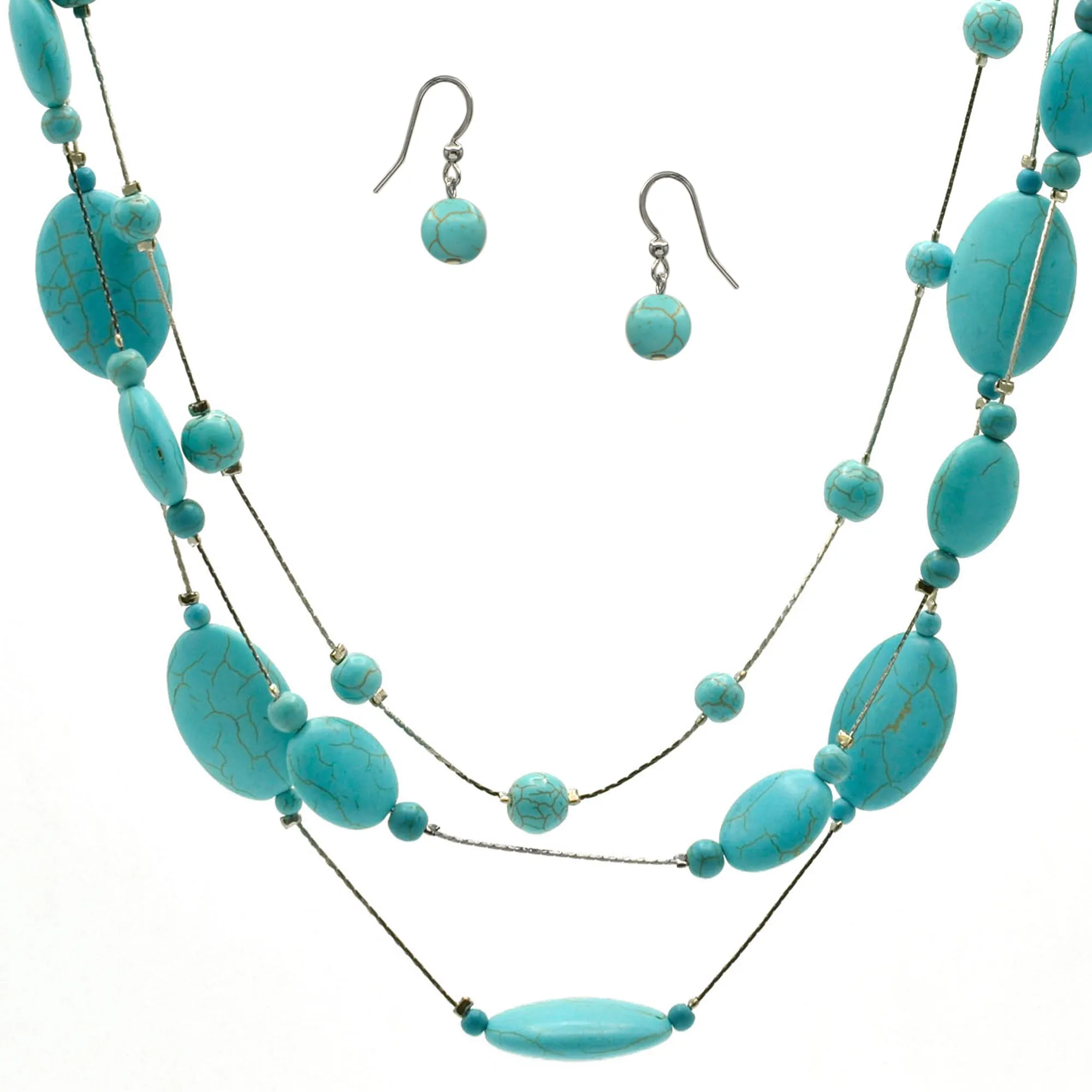 Rhodium Tone Metal Oval and Round Turquoise Beads Layer Necklace and Earrings Set#HNN E77890(DF6-7)
