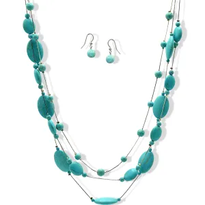 Rhodium Tone Metal Oval and Round Turquoise Beads Layer Necklace and Earrings Set#HNN E77890(DF6-7)