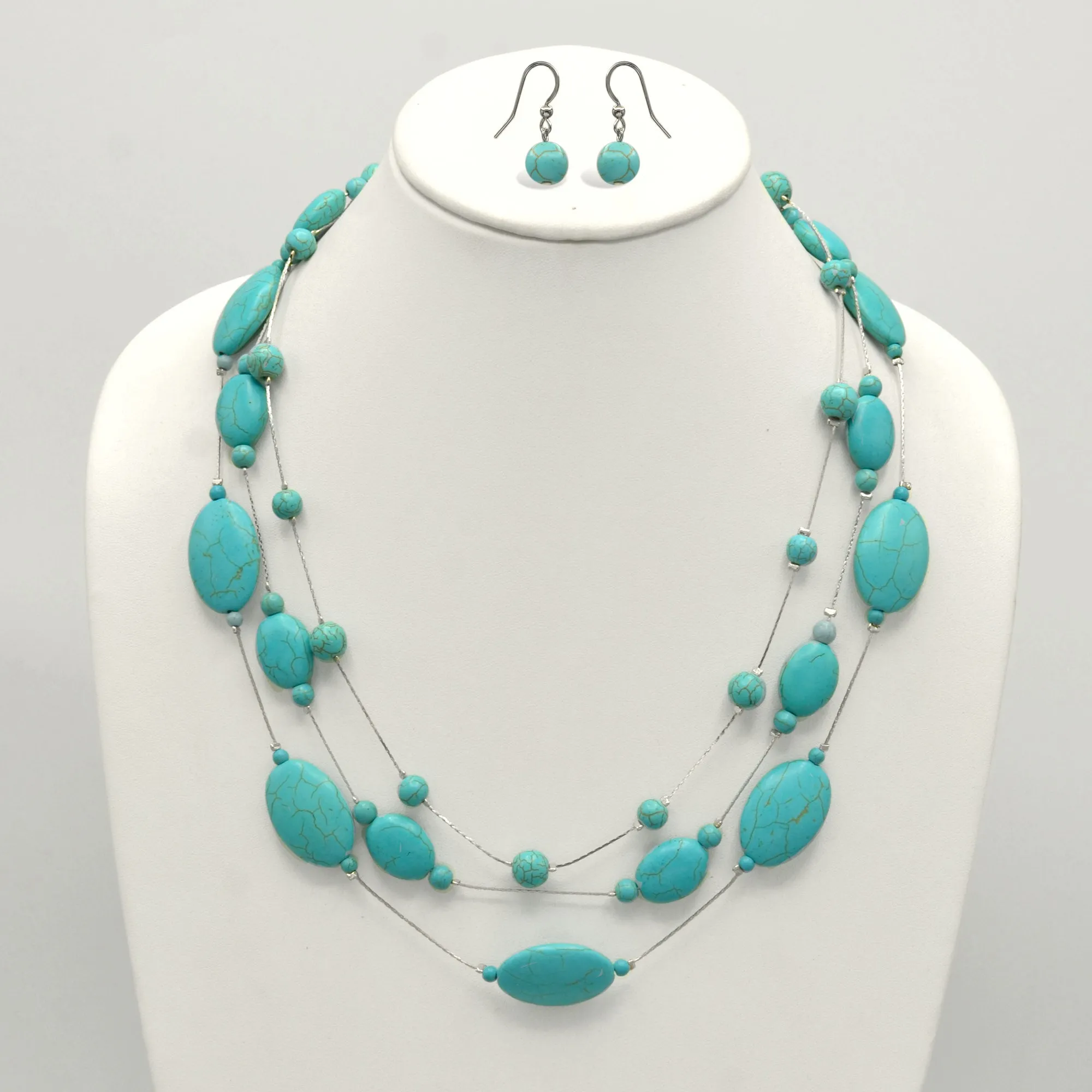 Rhodium Tone Metal Oval and Round Turquoise Beads Layer Necklace and Earrings Set#HNN E77890(DF6-7)