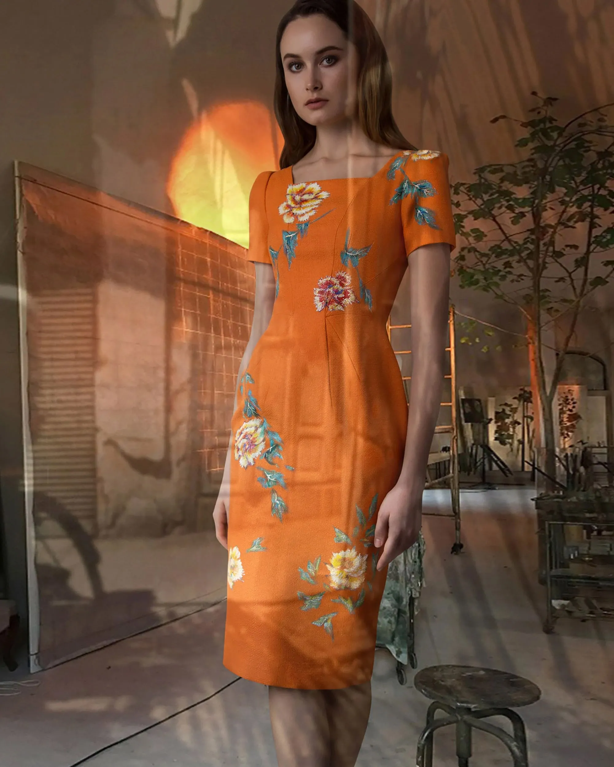 Roses-painted Orange Midi Tweed Dress