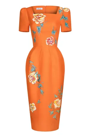 Roses-painted Orange Midi Tweed Dress