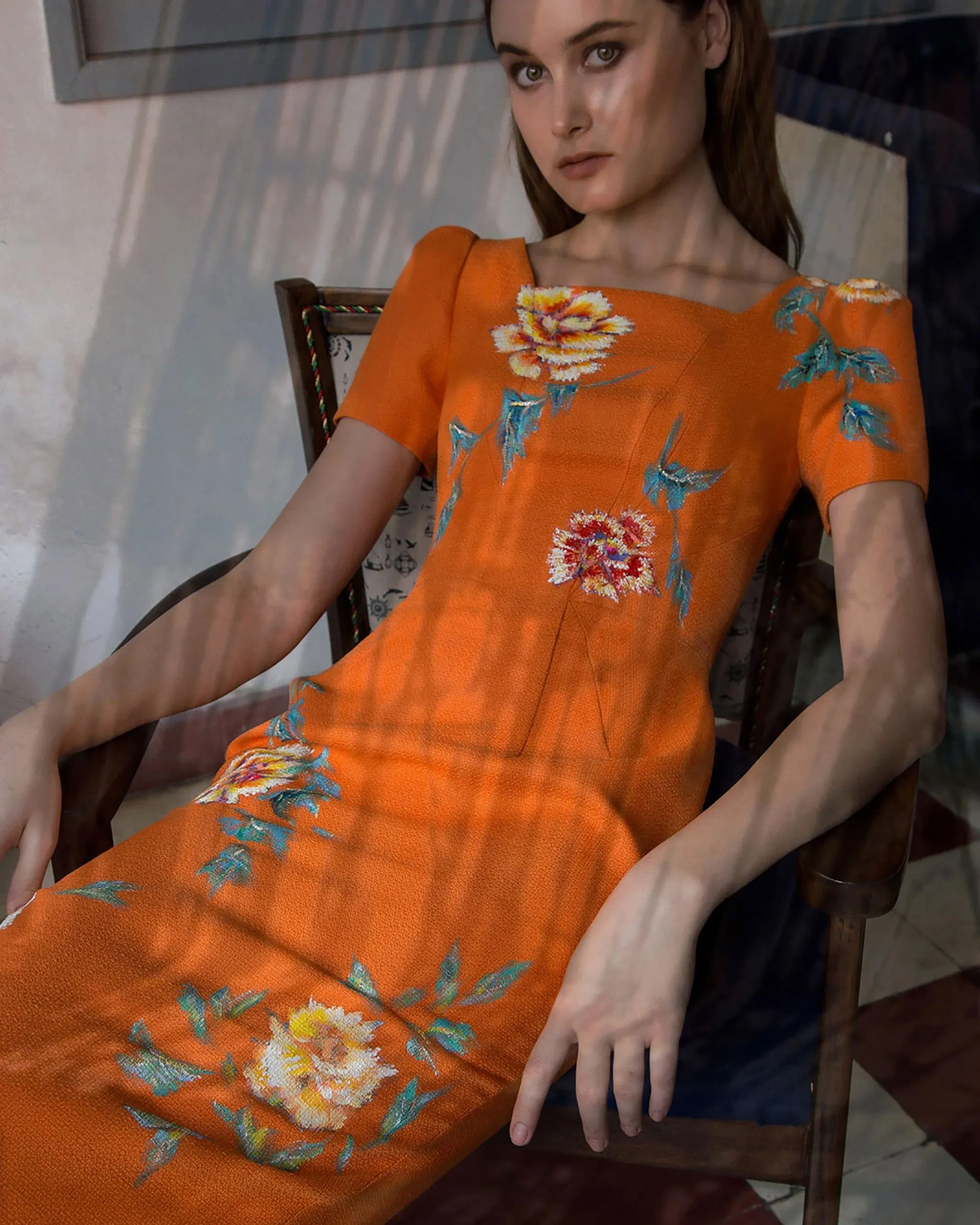 Roses-painted Orange Midi Tweed Dress