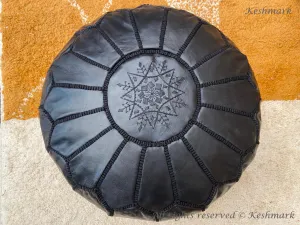 Round Black Leather Poufs