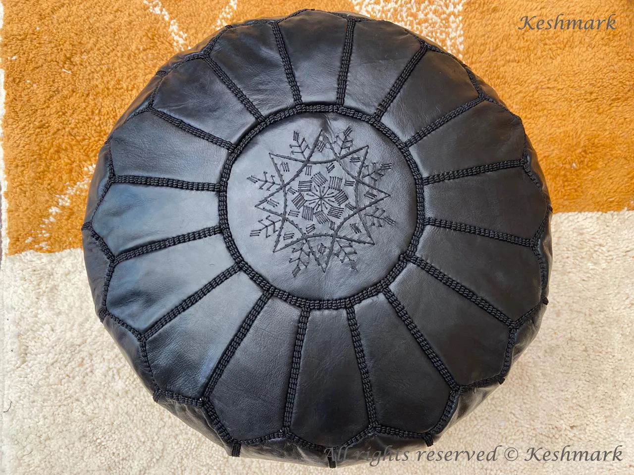 Round Black Leather Poufs