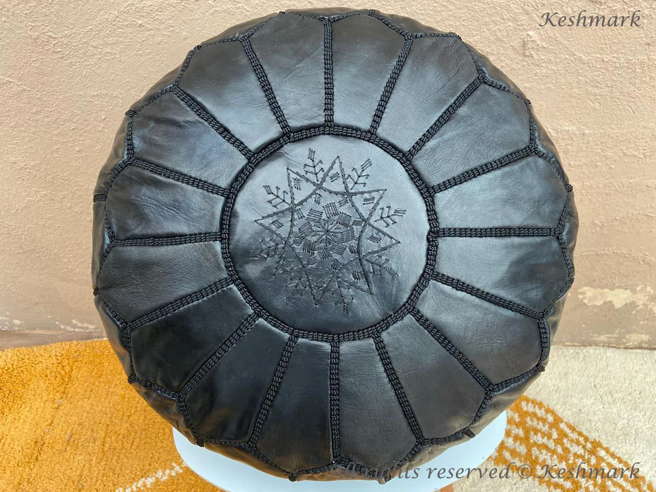 Round Black Leather Poufs