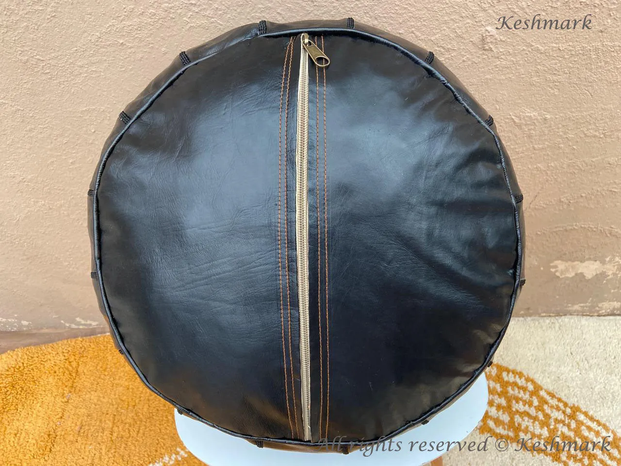 Round Black Leather Poufs