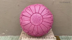Round Pink Leather Pouf