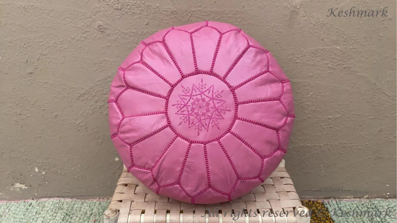 Round Pink Leather Pouf