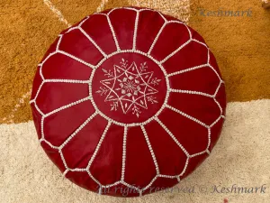 Round Red with white  stitch  Leather Pouf