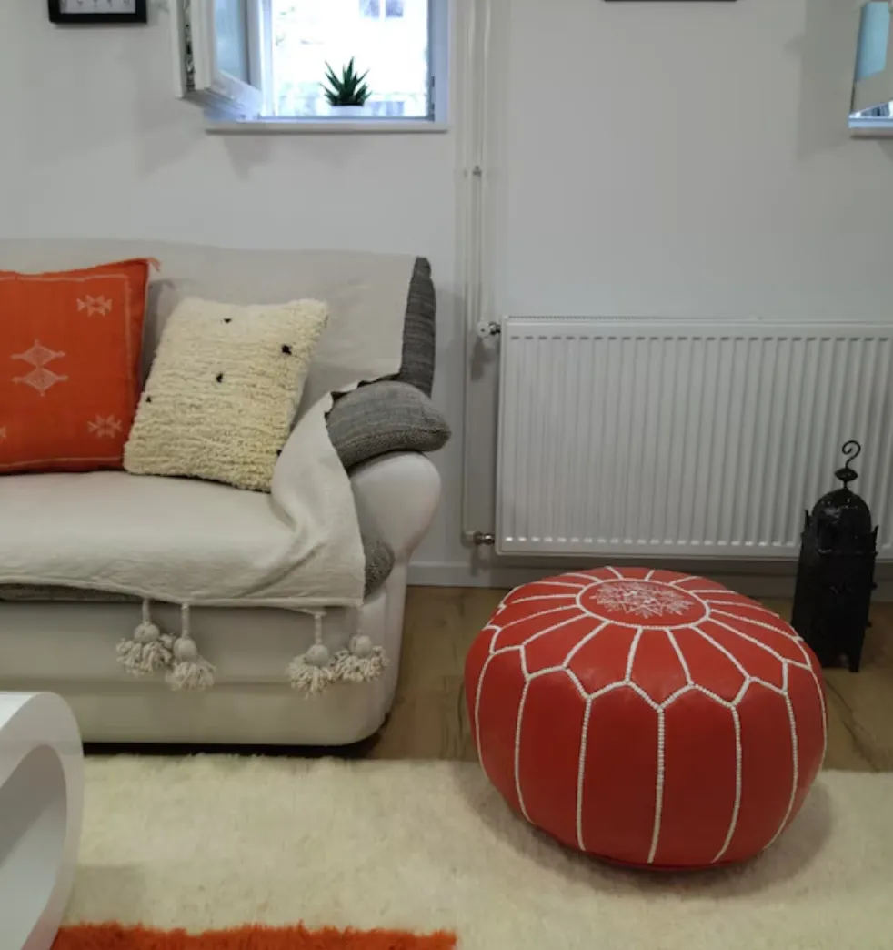 Round Red with white  stitch  Leather Pouf