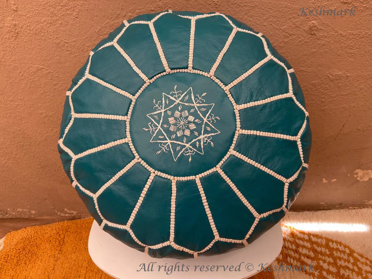 Round Turquoise  Leather Pouf