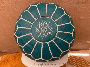 Round Turquoise  Leather Pouf
