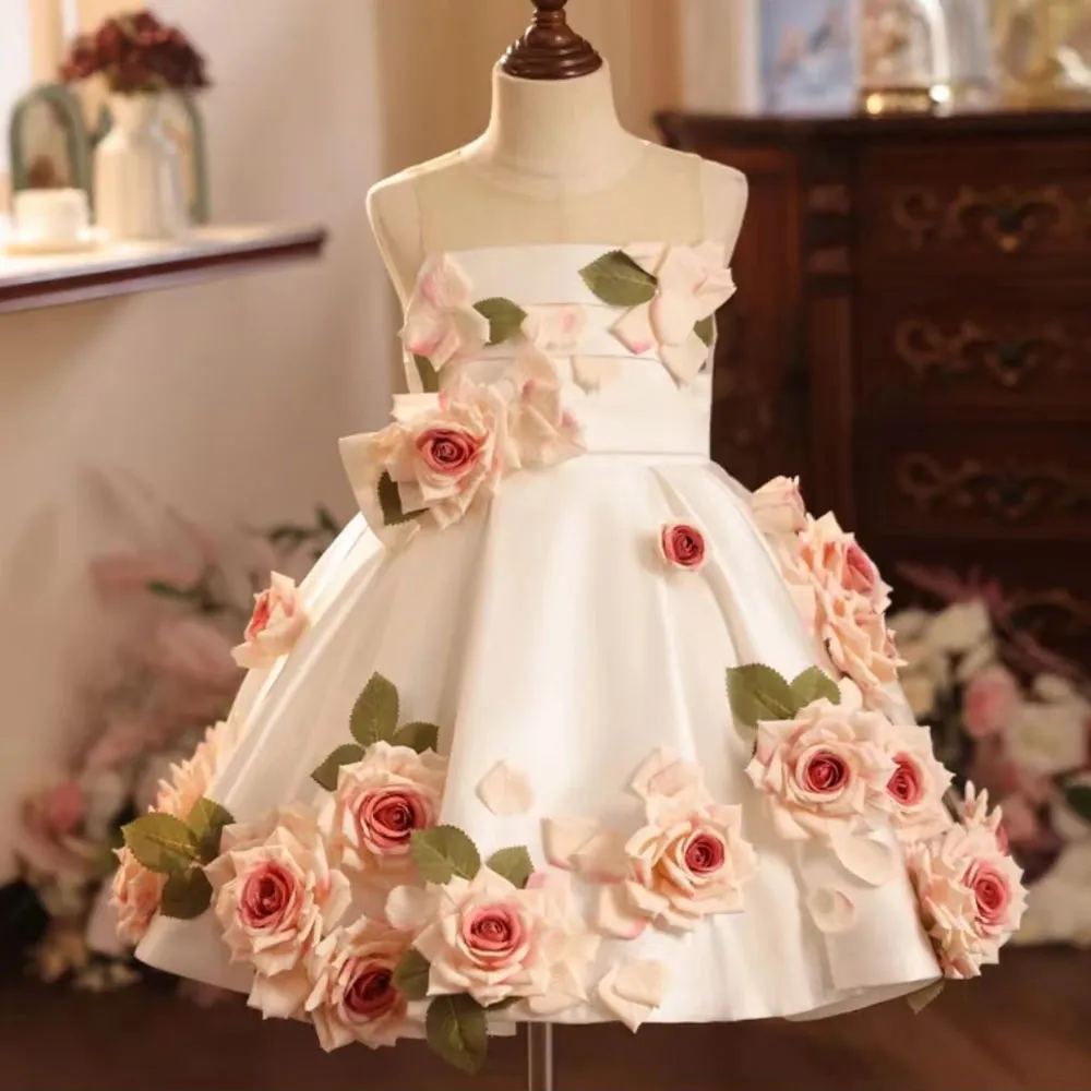 Roycebridal Luxury Arabic White Floral Girl Dress Handmade Flowers Dubai Baby Kids Princess Birthday Wedding Party Gown 2025 J203