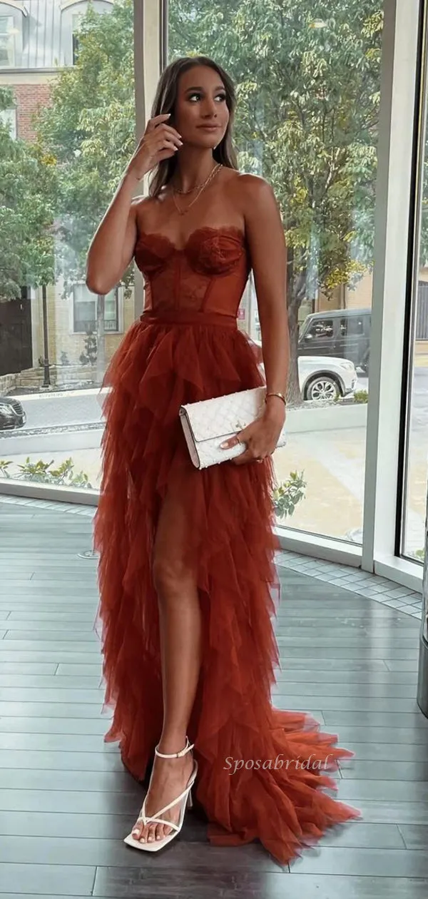 Rust Red Strapless Sweetheart Sexy Side-slit Mermaid Long Prom Dress, PD3518