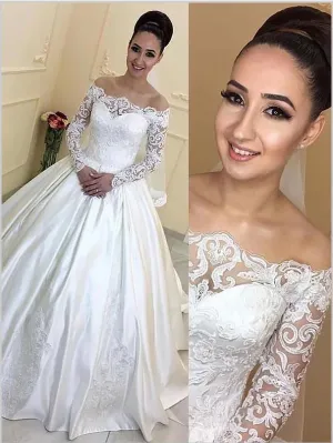Satin Long Sleeves Off Shoulder Wedding Dresses Court Train Ball Gown