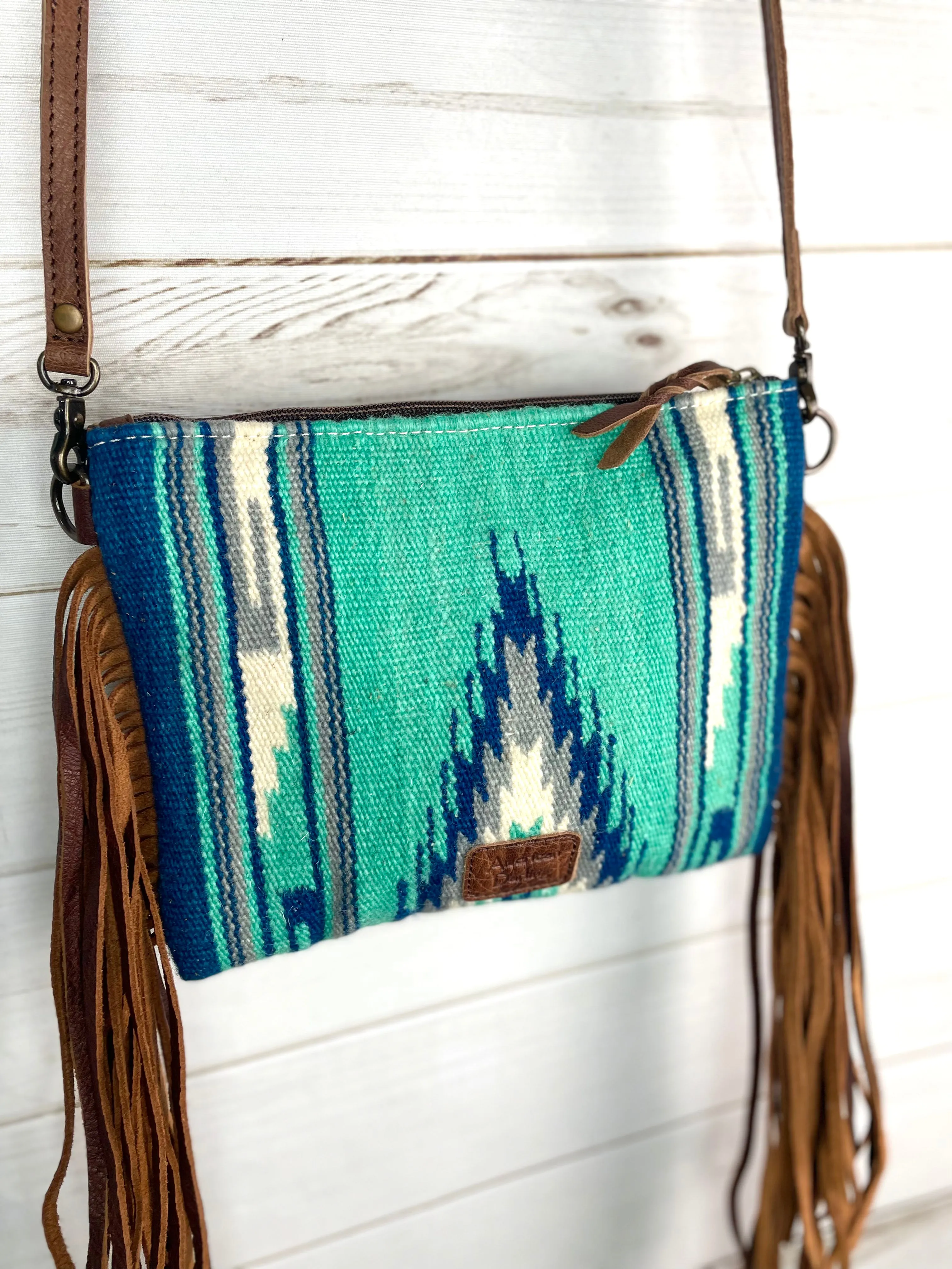 Sedona Blue Grey Diamond Wool Leather Tooled Fringe Bag