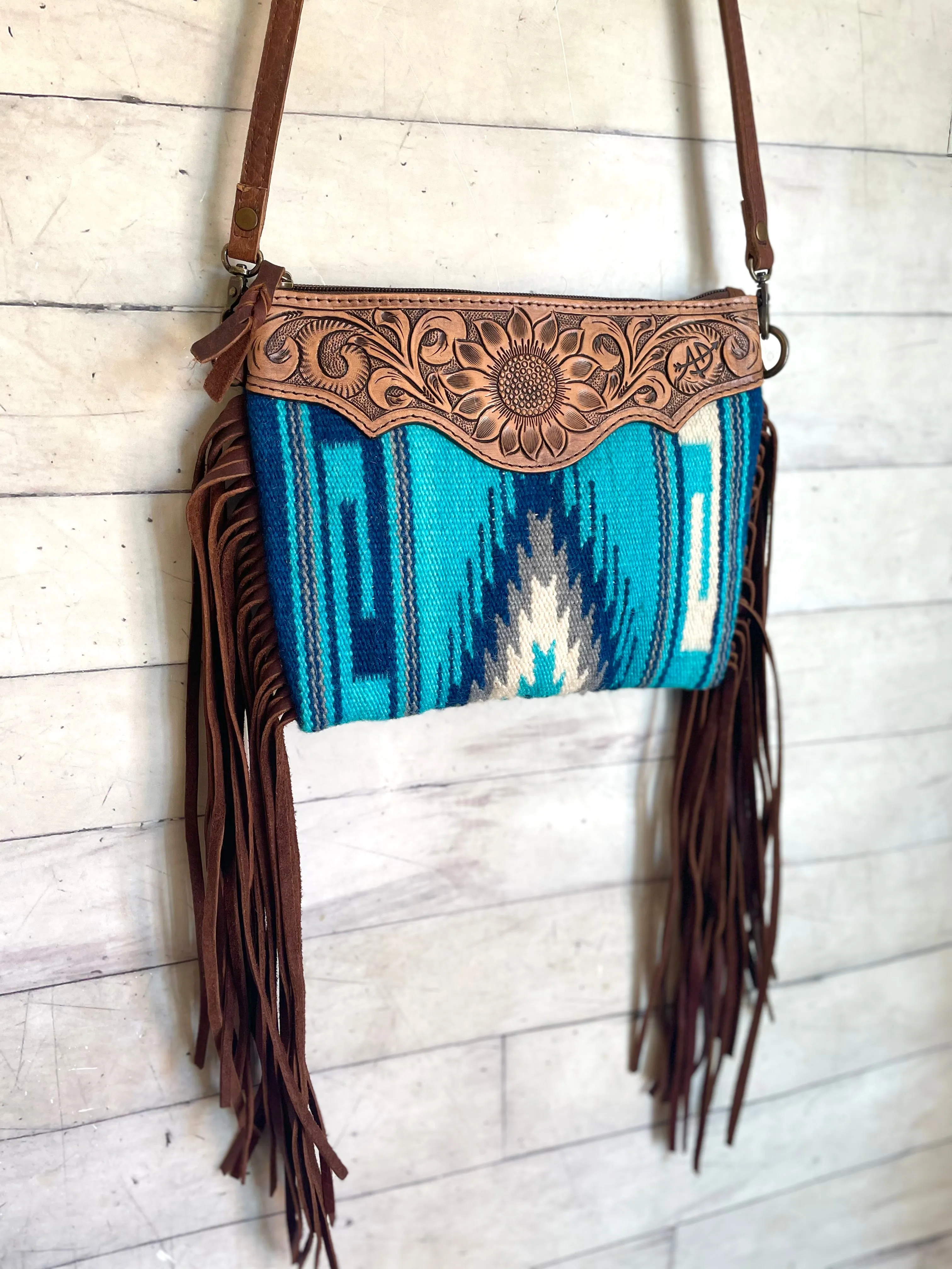 Sedona Blue Grey Diamond Wool Leather Tooled Fringe Bag