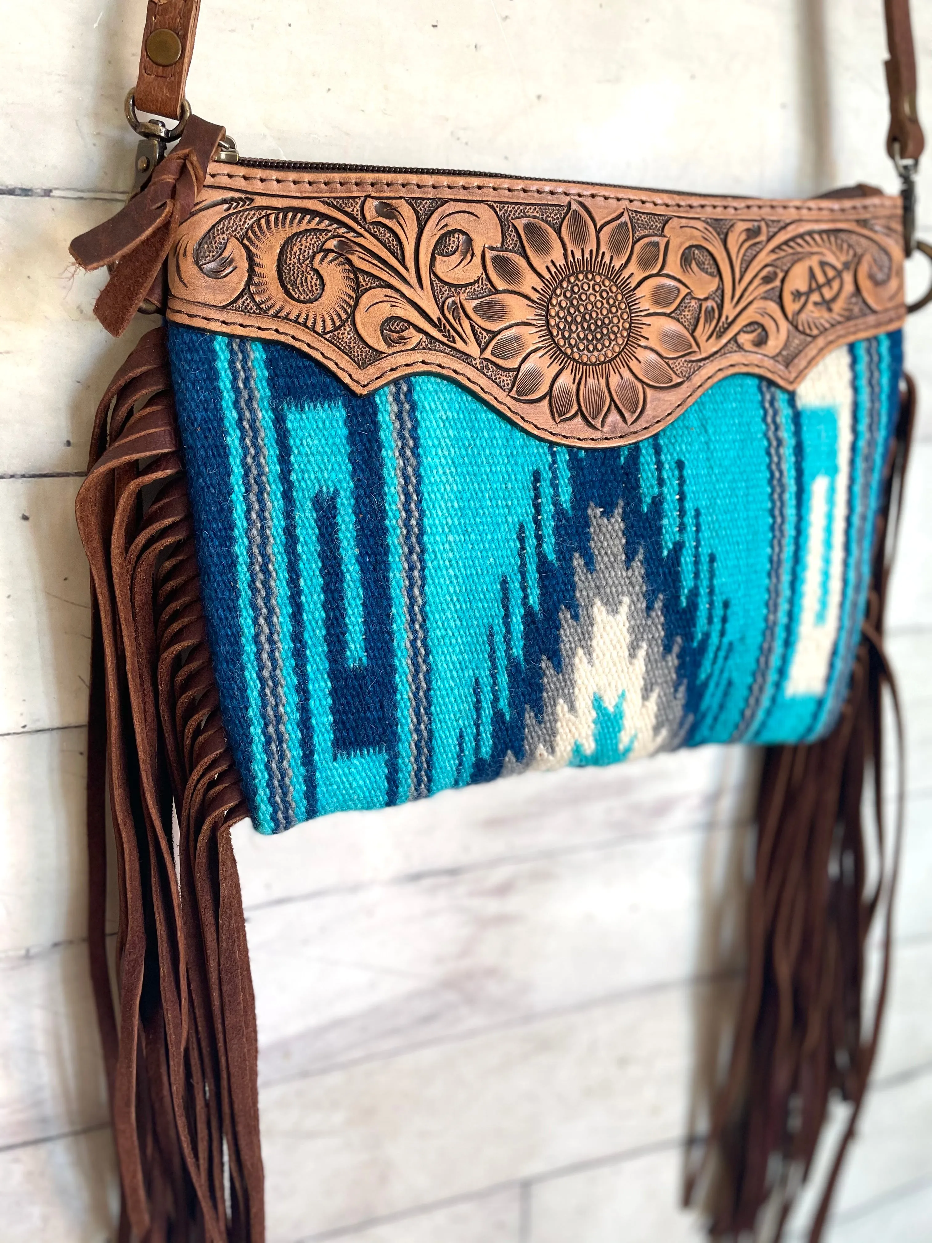 Sedona Blue Grey Diamond Wool Leather Tooled Fringe Bag