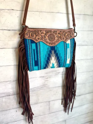 Sedona Blue Grey Diamond Wool Leather Tooled Fringe Bag