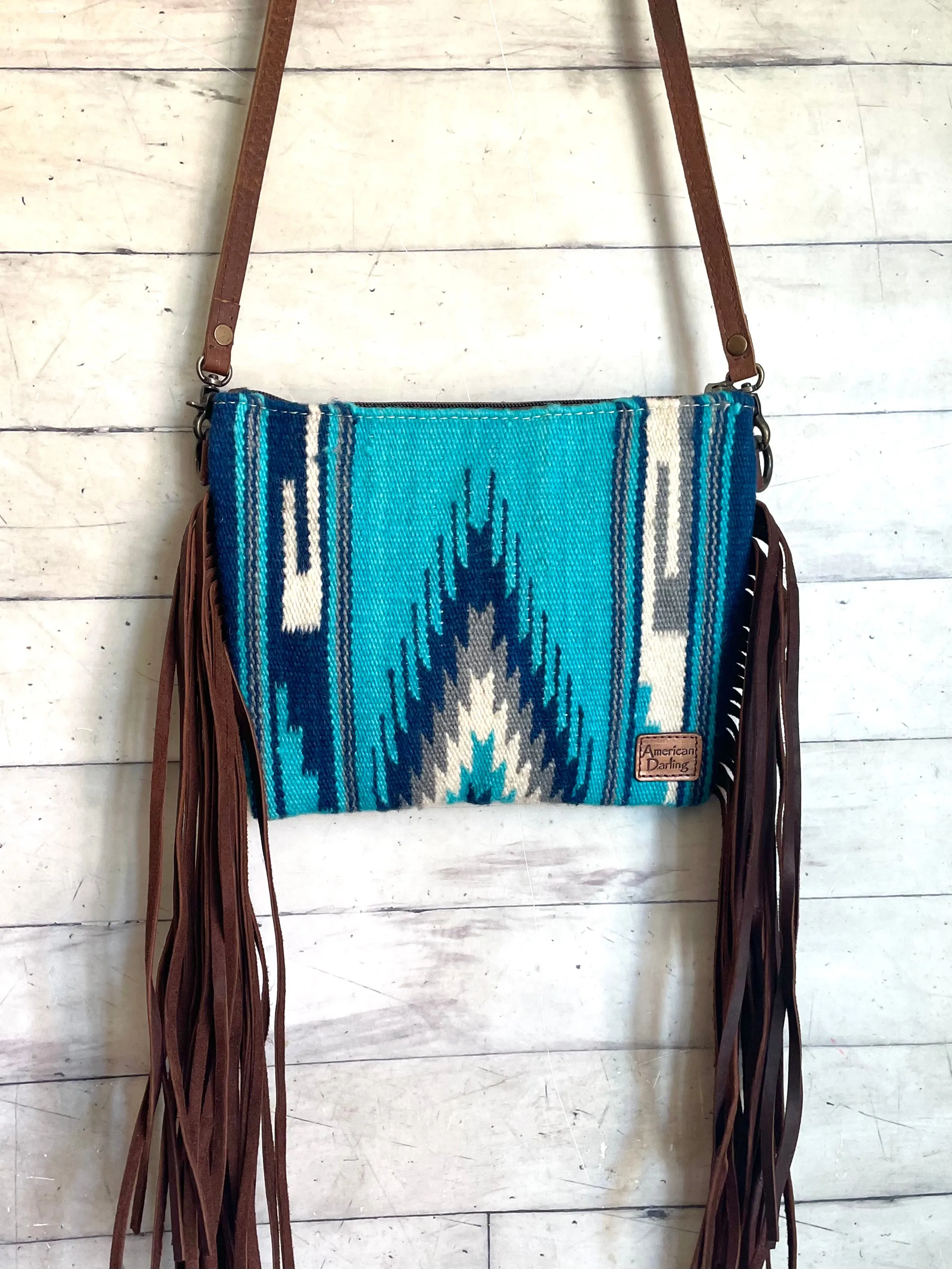 Sedona Blue Grey Diamond Wool Leather Tooled Fringe Bag