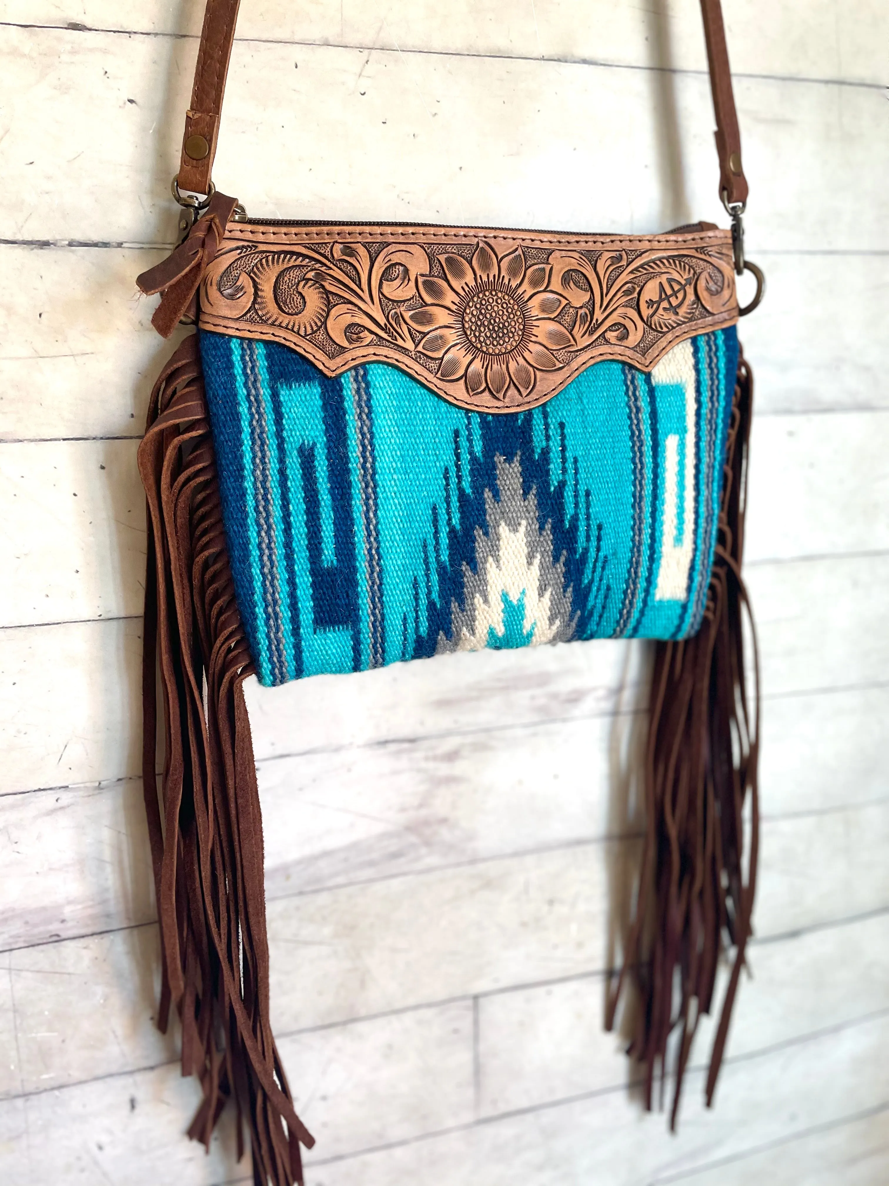 Sedona Blue Grey Diamond Wool Leather Tooled Fringe Bag