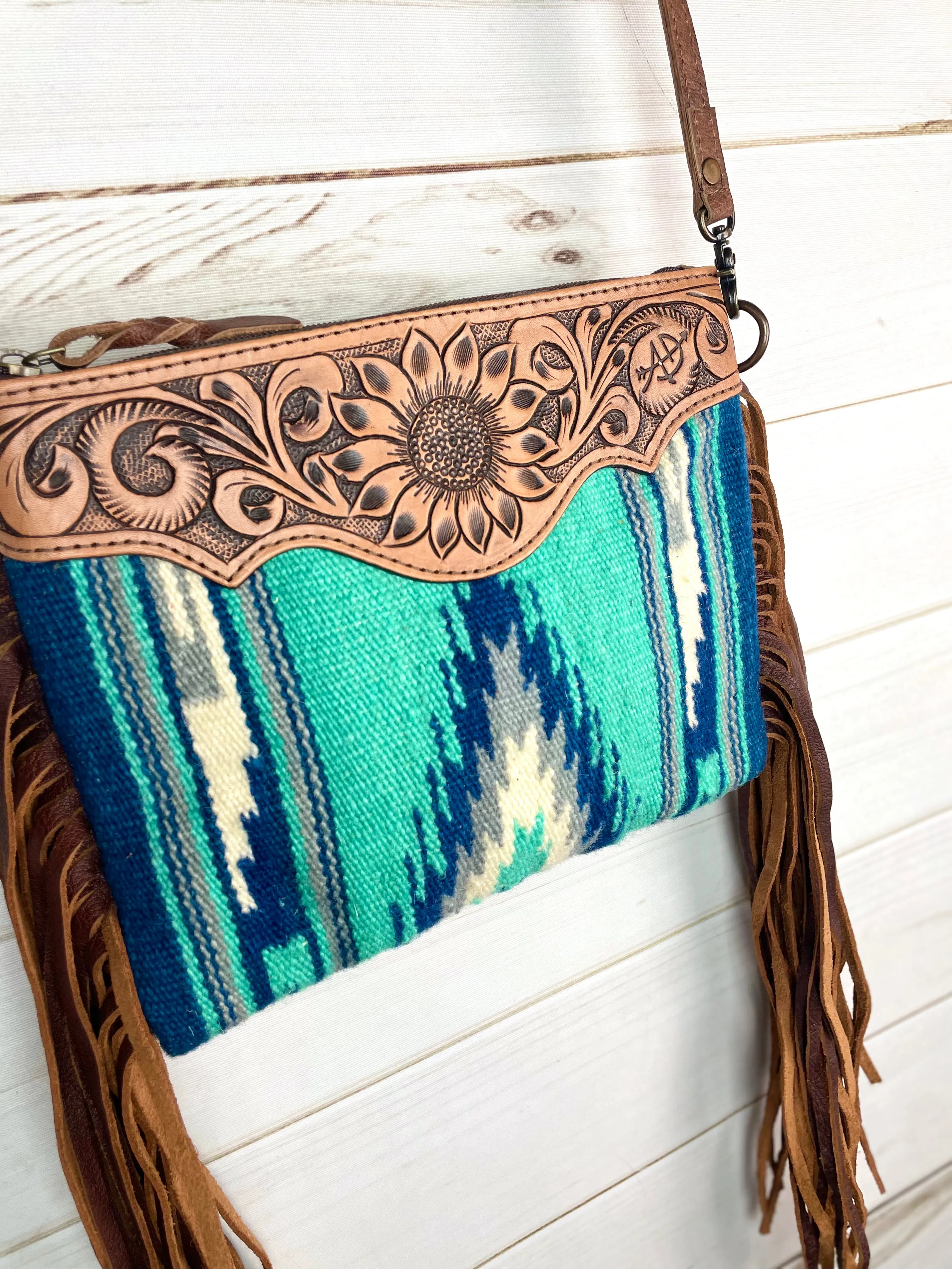Sedona Blue Grey Diamond Wool Leather Tooled Fringe Bag