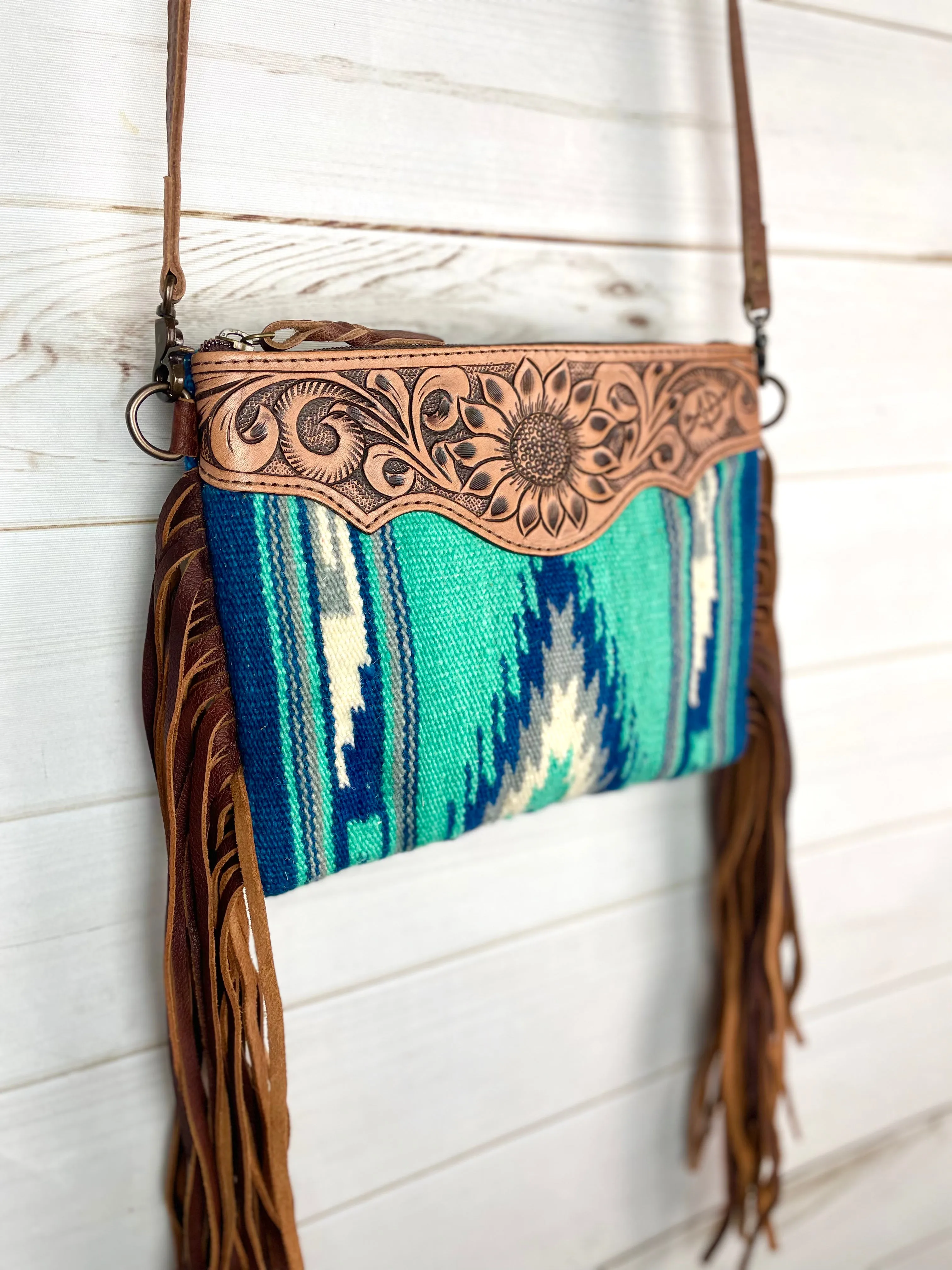 Sedona Blue Grey Diamond Wool Leather Tooled Fringe Bag