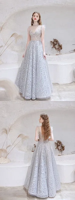 See Through Grey A-line Illusion Spaghetti Straps Long Prom Dresses Online,12755
