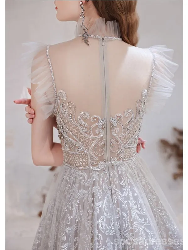 See Through Grey A-line Illusion Spaghetti Straps Long Prom Dresses Online,12755