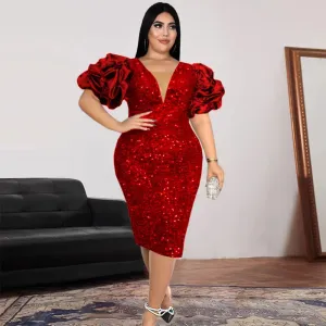 SEQUIN PUFF SLEEVE PARTY DRESS