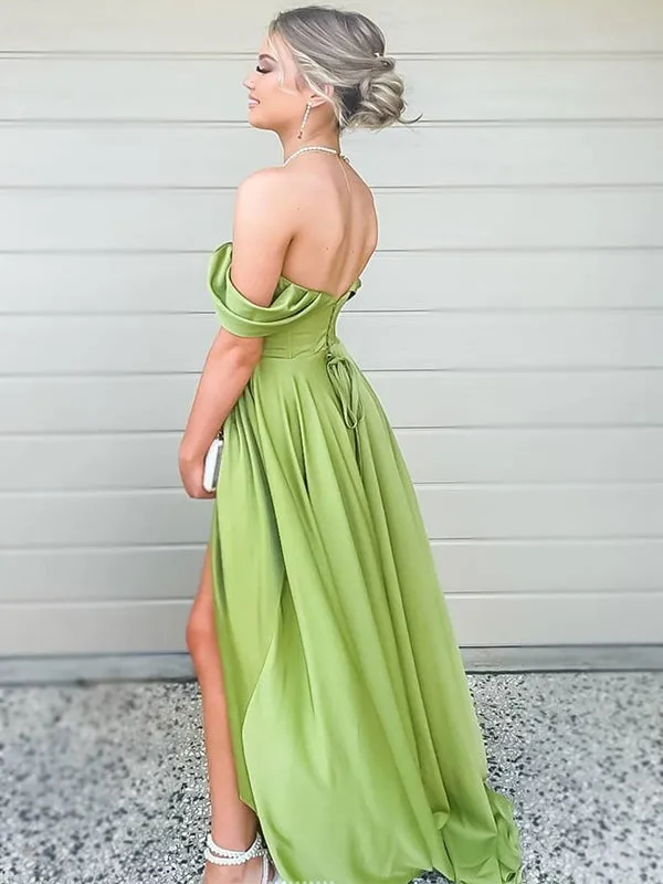 Sexy Lime Green Off-shoulder Sweetheart Ruffle Side-slit A-line Long Prom Dress, PD3397