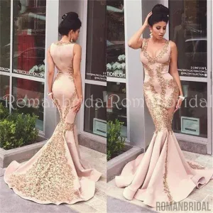Sexy Mermaid Applique Evening Gown Sleeveless Zipper Sweep Trian Prom Dress, PD0476