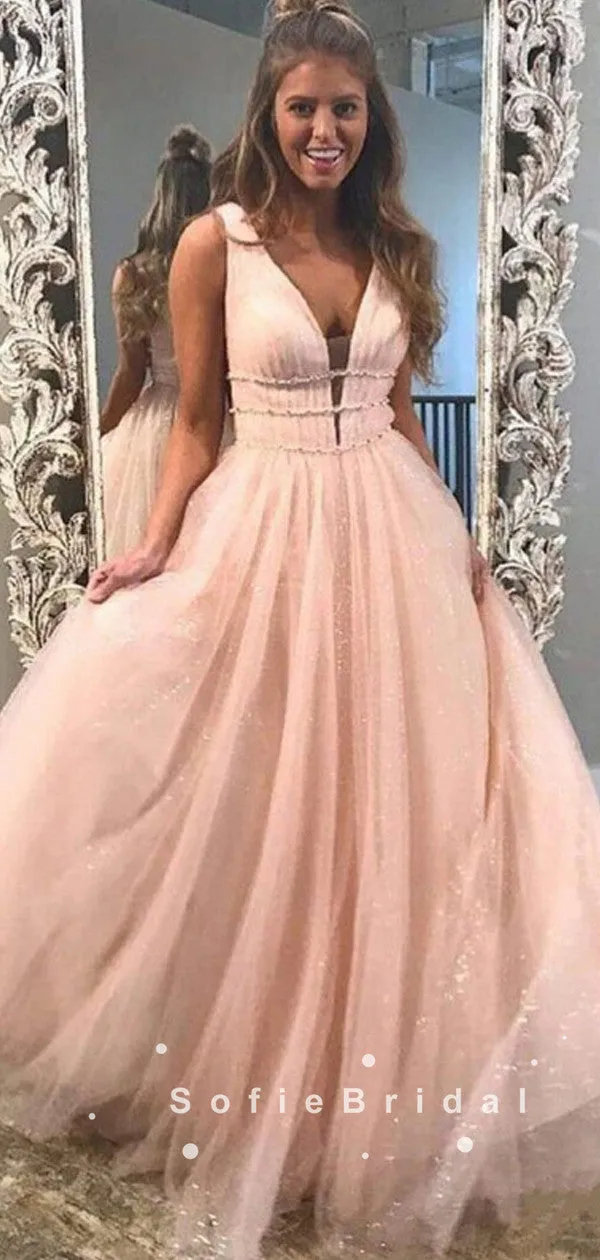 Shinny A-Line Deep V-Neck Sleeveless Tulle Long Prom Dresses With Beading,SFPD0035