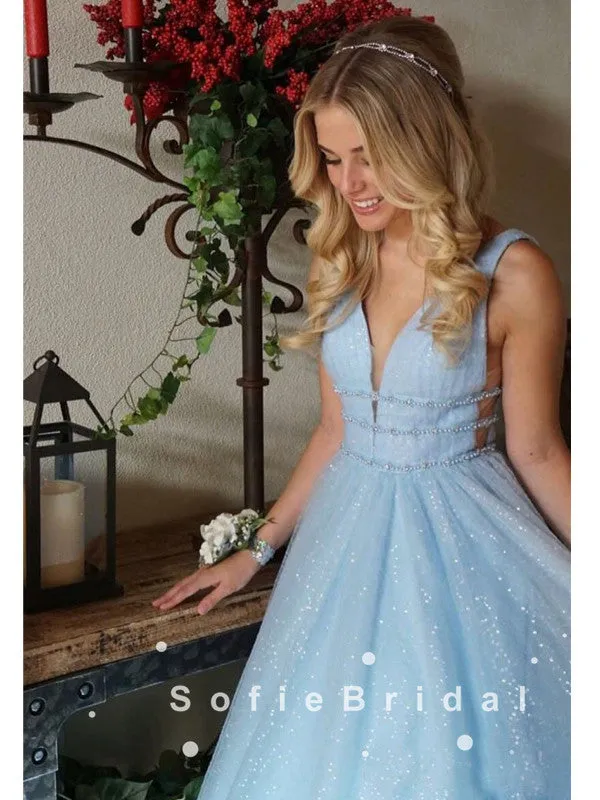 Shinny A-Line Deep V-Neck Sleeveless Tulle Long Prom Dresses With Beading,SFPD0035