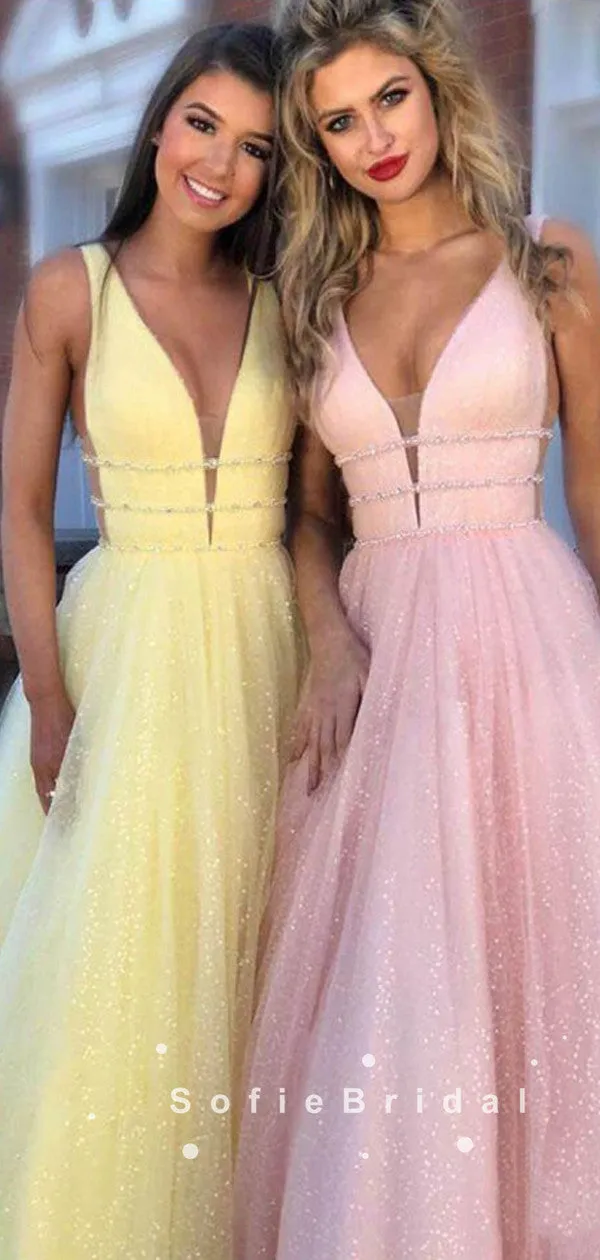 Shinny A-Line Deep V-Neck Sleeveless Tulle Long Prom Dresses With Beading,SFPD0035