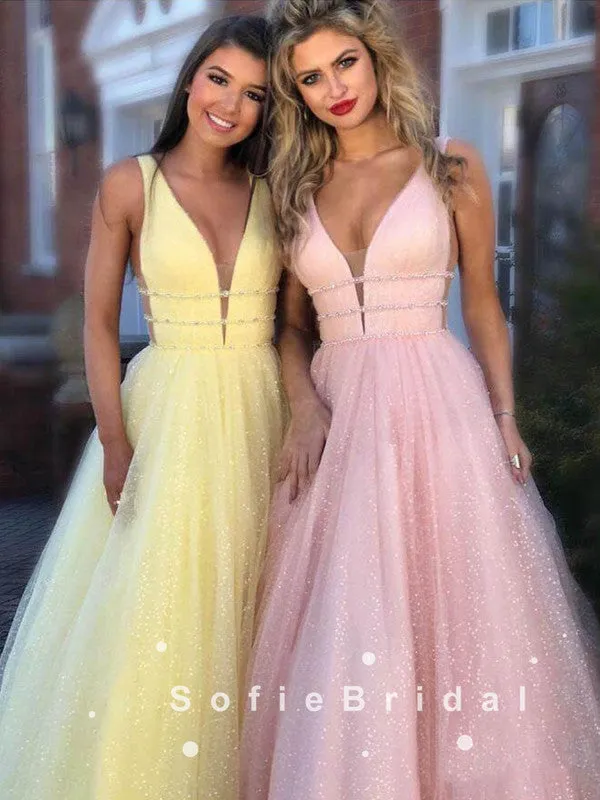 Shinny A-Line Deep V-Neck Sleeveless Tulle Long Prom Dresses With Beading,SFPD0035