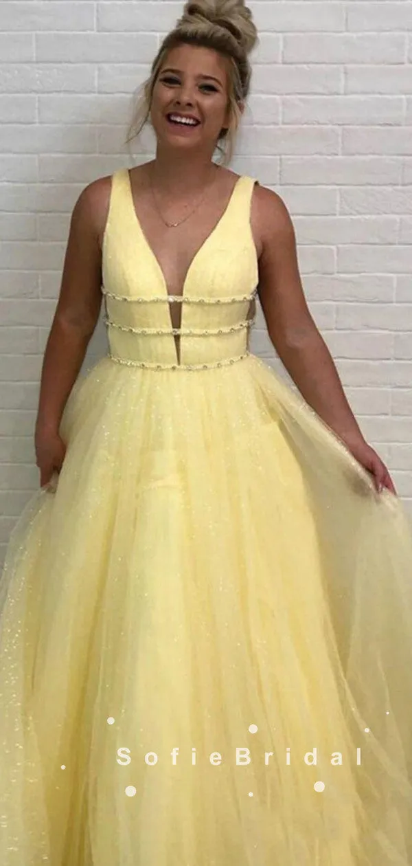 Shinny A-Line Deep V-Neck Sleeveless Tulle Long Prom Dresses With Beading,SFPD0035