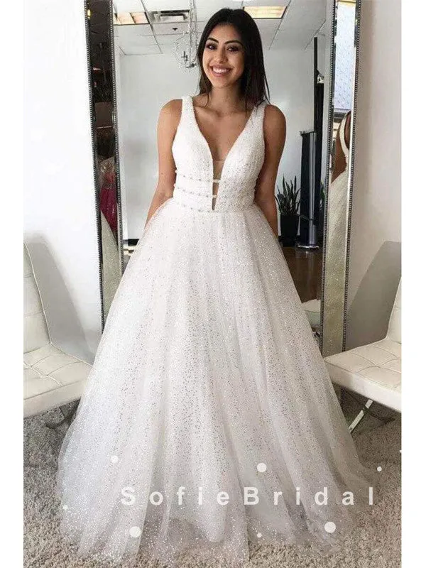 Shinny A-Line Deep V-Neck Sleeveless Tulle Long Prom Dresses With Beading,SFPD0035