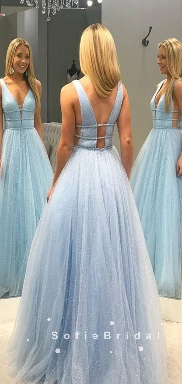 Shinny A-Line Deep V-Neck Sleeveless Tulle Long Prom Dresses With Beading,SFPD0035