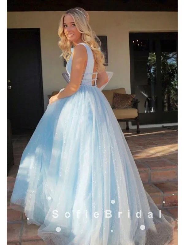 Shinny A-Line Deep V-Neck Sleeveless Tulle Long Prom Dresses With Beading,SFPD0035