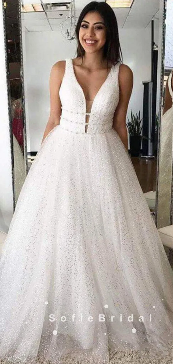 Shinny A-Line Deep V-Neck Sleeveless Tulle Long Prom Dresses With Beading,SFPD0035