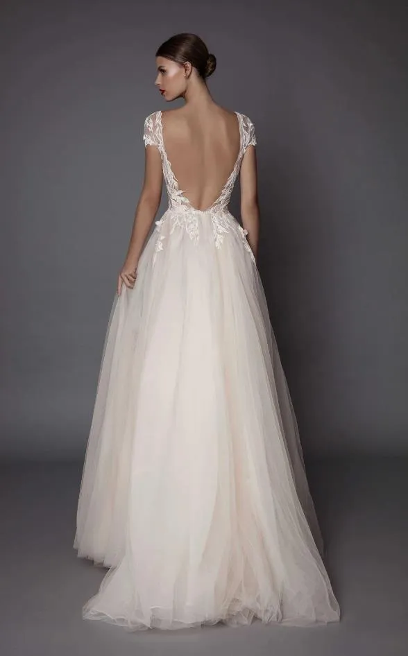 Short Sleeve Appliques Ivory Tulle Prom Dresses Slit Evening Dress