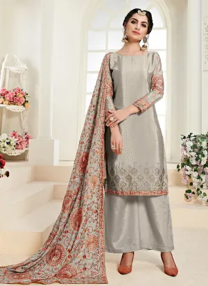 Silverish Grey Traditional Embroidered Palazzo Suit