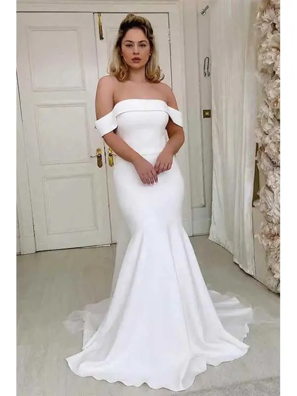 Simple Mermaid Off The Shoulder Ivory Satin Wedding Dress, WD0496