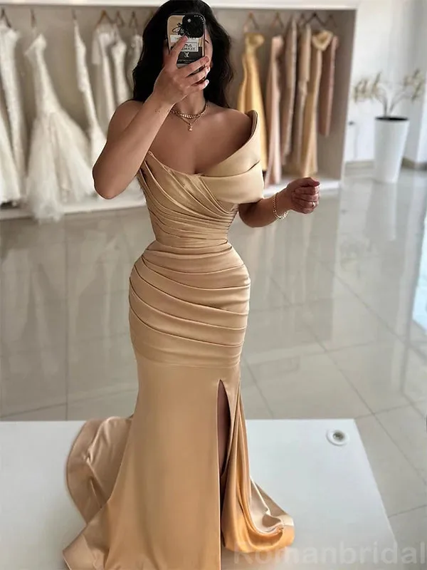 Simple One Shoulder Mermaid Taupe Evening Prom Dress with Side Slit, OL071