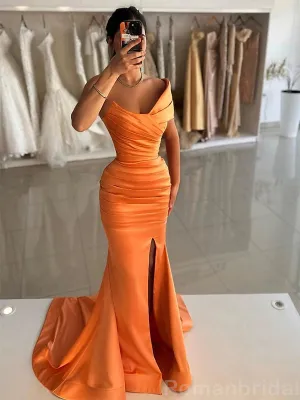 Simple One Shoulder Mermaid Taupe Evening Prom Dress with Side Slit, OL071