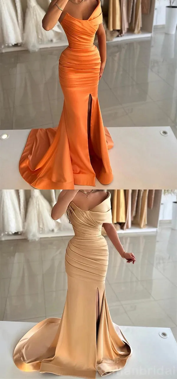 Simple One Shoulder Mermaid Taupe Evening Prom Dress with Side Slit, OL071