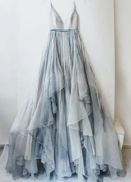 Simple V Neck Tulle cheap Pretty Party Prom Dresses,Charming Long Spaghetti Straps Bridal gowns,M30